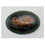 SIGNED Russian Lacquer Palekh Troika Brooch