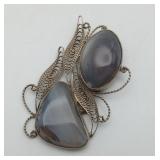 Blue Lace Agate ?? Silver Filigree Gemstone Brooch
