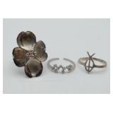 Sterling Silver Rings Flower Ichthys Fish & CZ 3pc
