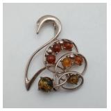 Sterling Silver Swan Brooch Baltic Amber Pin
