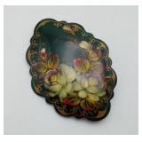 Russian Signed Painted Lacquer Floral Brooch