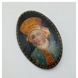 Hand Painted Russia Kokoshnik Portrait Brooch Sign