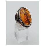 850 Silver Amber Ring with Flower Leaf Accent