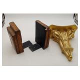 Vintage Plaster Bookends & Gold Wall Shelf