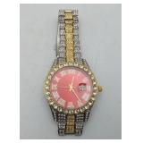 Iced Out Bling Fashion Watch Red Dial Wristwatch