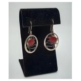 Sterling Silver Dangle Coral Red Cabochon Earrings