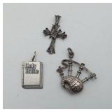 3 Sterling Silver Charms Bagpipe Cross Bible