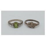 2 Sterling Silver Rings Green Stone & Diamond Cut