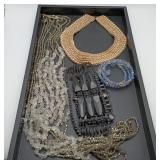 Glass Deco Buckle Quartz Necklace Bib FAUX Pearls