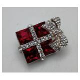 Red Rhinestone Vintage Costume Gift Box Brooch