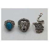 Silver Lion Head Peacock Turquoise Rings NOT STERL