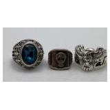 3 Silver Rings Eagle Skull Blue Stone NOT SS