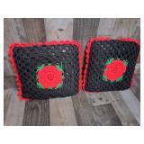 Vintage Handmade Crochet Rose Afghan Pillows
