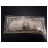 Vintage 1963 Series A Red Star Seal $5 Bill