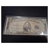 Vintage 1953 Series A Blue Star Seal $5 Bill