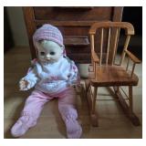 Miniature Doll Rocking Chair With Vintage Doll