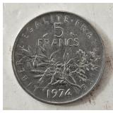 1974 France 5 Francs coin