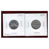 CANADA 1951 STEEL (CHROME) & COMM NICKEL 5 CENT