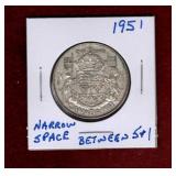 CANADA 1951 NARROW SPACE SILVER 50 CENT COIN