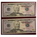 USA 2 CONSECUTIVE $50 REPLACEMENT NOTES