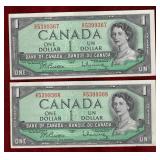 CANADA 2 CONSEC 1954 $1 BANKNOTES BC-37b-i AU