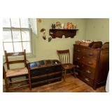 Antique Chest, Trunk, 2 Chairs, Wall Shelf of Lady