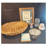 Assorted wall decor basket and knick knacks