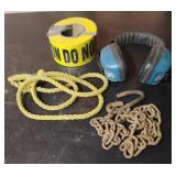 Chain, caution tape, ear phones a small rope