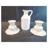 White ceramic cruet pitcher and vandle holders