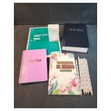Bible and notebooks, affirmation cards, colored
