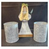 10" wooden angel and 2 galvanized metal canisters