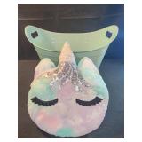16x9 plastic basket tote and unicorn pillow
