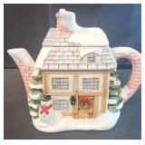Village Winter Cottage Teapot by Annie Rowe,