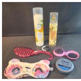 Brushes, hairspray. Vanilla body spray