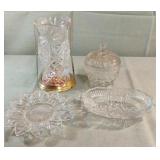 Crystal candle holder, trinket dish with lid and