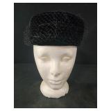 Vintage 50s Black Velvet Pillbox Hat Veil Netting