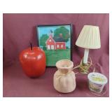 Candle light, framed school house drawing, vase