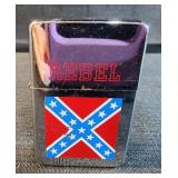 flip-top lighter featuring the word "REBEL" and a