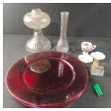 Vintage. Oil lamp pedestal base, burgandy serving Vintage. Oil lamp pedestal base, burgandy serving