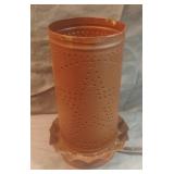 Punch tin metal lamp. Works. 7" tall