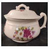 Vintage CPF floral pottery chamber pot with lid.