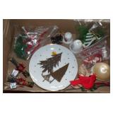 Box Lot of Vintage Christmas Ornaments & Plate -