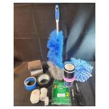 Duster, sanding blocks, paint, wall repair, tape,