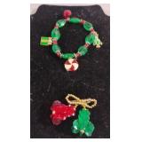 Christmas beaded bracelet and a pin