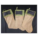 3 Burlap Stockings with Chalk area to write names