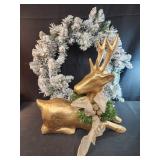 Christmas decorations, wreath,  golden reindeer