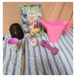 Tiki bar sign, drumstick,  watering can, weight,