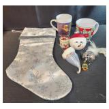 Christmas mugs and ornaments, candle and stocking