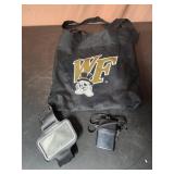 Wake Forest bag tote, arm band phone holder, card