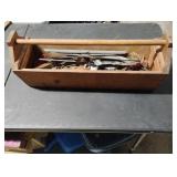 Vintage wood tool tote with contents